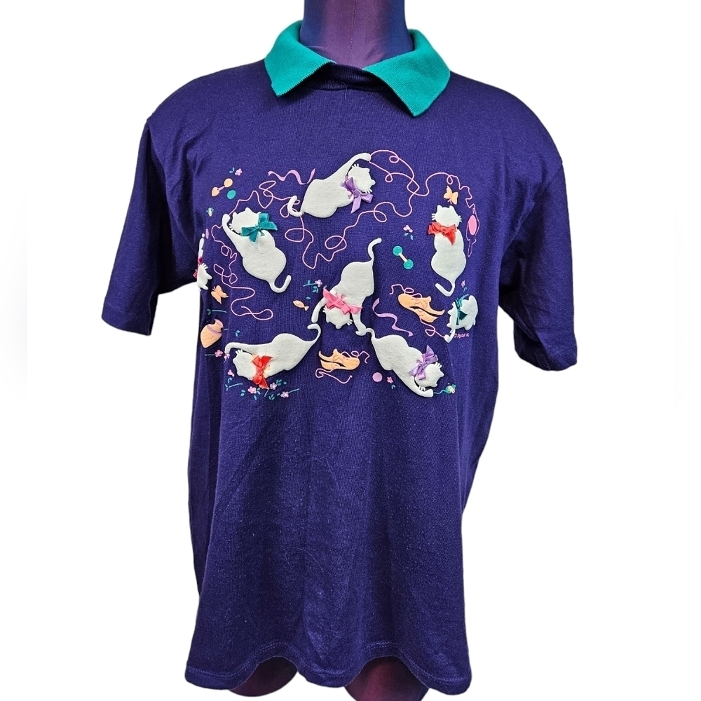 Vintage 90s Cracker Barrel Purple Puffy Cat Tee-Shirt Size Medium Women's N86